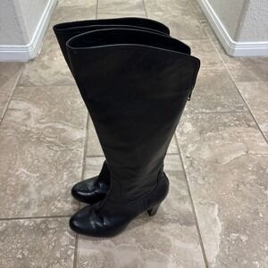 Frye Mirada Black‎ Leather Tall Knee High Boots Rear Zip Stacked Heel Sz 8.5